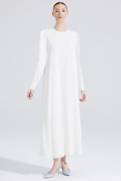 ÖNÜ ŞİFONLU UZUN KOL İÇLİK ELBİSE/TIĞTRİKO