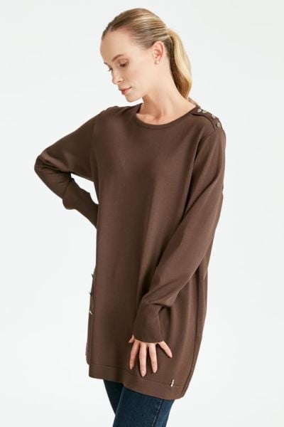 DÜĞME DETAYLI BASİC RAYON TUNİK KAHVE