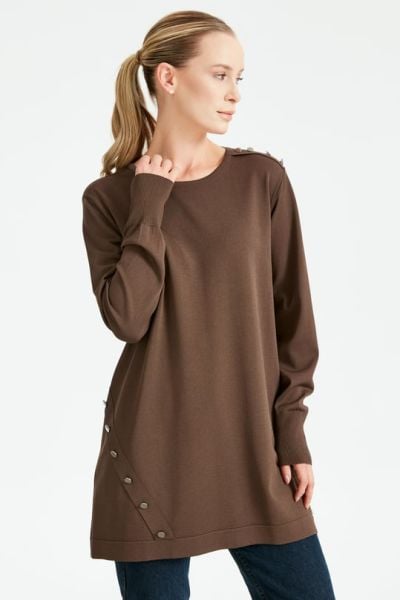 DÜĞME DETAYLI BASİC RAYON TUNİK KAHVE