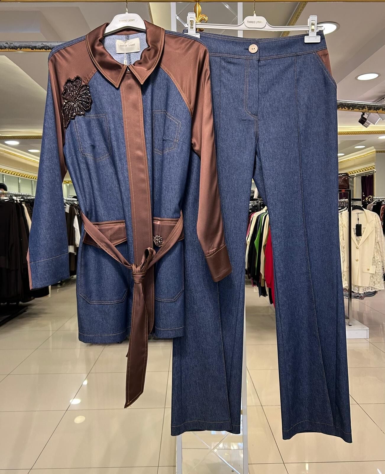 SATEN KUMAŞ KOMBİNLİ KOT TAKIM/ THREE LIGHT