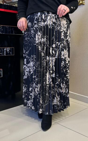 SİYAH BEYAZ DESENLİ PİLİSE ETEK /SENTEZ