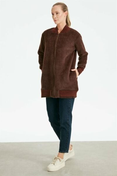 Çizgili Ribanalı Bomber Angora Mont KAHVE/Siyah/Ekru