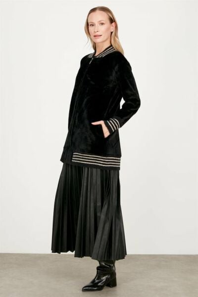 Çizgili Ribanalı Bomber Angora Mont KAHVE/Siyah/Ekru