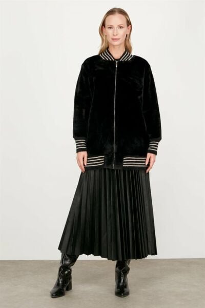 Çizgili Ribanalı Bomber Angora Mont KAHVE/Siyah/Ekru