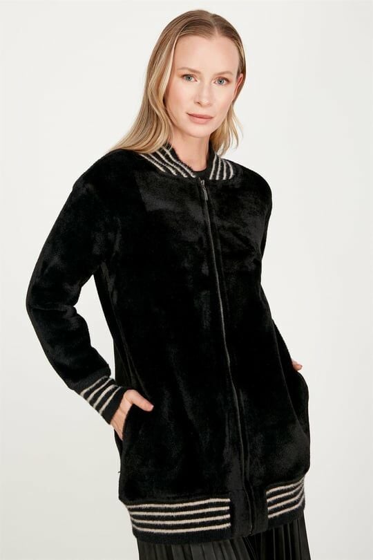 Çizgili Ribanalı Bomber Angora Mont KAHVE/Siyah/Ekru