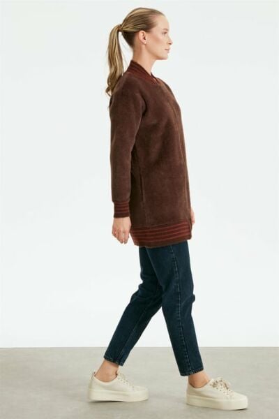 Çizgili Ribanalı Bomber Angora Mont KAHVE/Siyah/Ekru