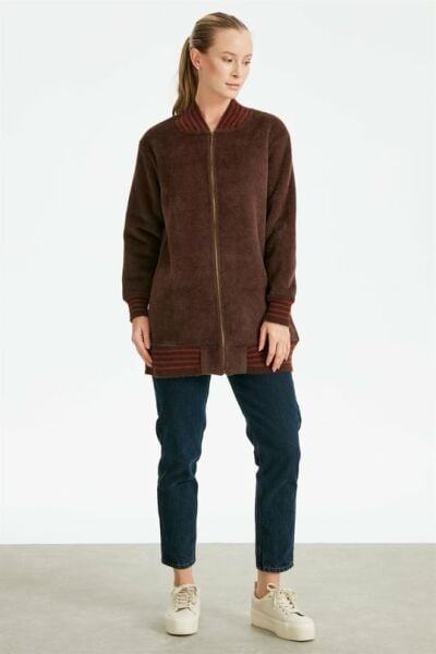 Çizgili Ribanalı Bomber Angora Mont KAHVE/Siyah/Ekru