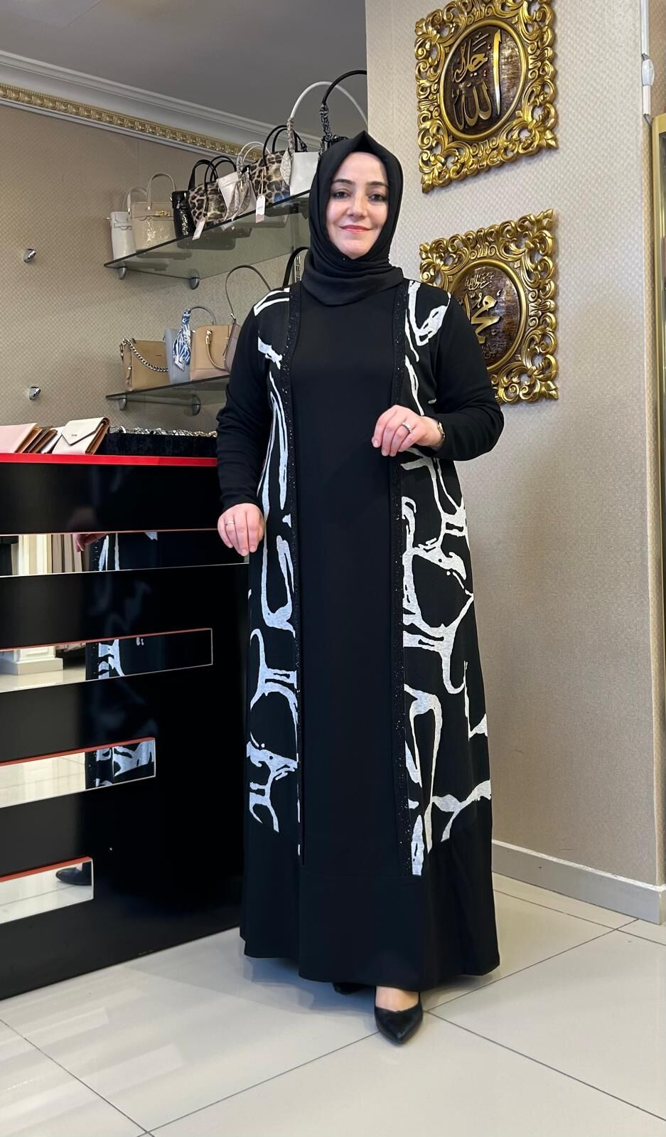 ÇİFT RENKLİ DESENLİ TAŞ DTY. ELBİSE /BELGİN