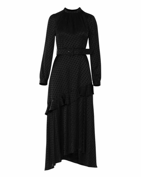 Saten Dokuma Sıfır Yaka Elbise - Siyah