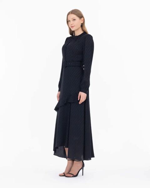 Saten Dokuma Sıfır Yaka Elbise - Siyah