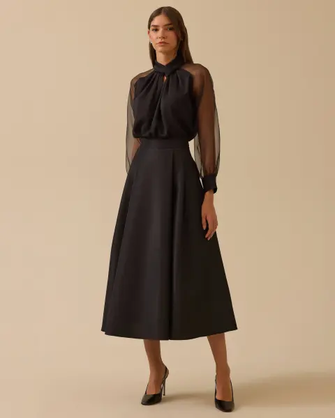 TAFTA KUMAŞ YÜKSEK BEL ŞIK KLOŞ ETEK /SEÇİL