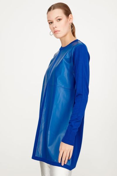 DERİ DETAYLI TRİKO TUNİK SAKS