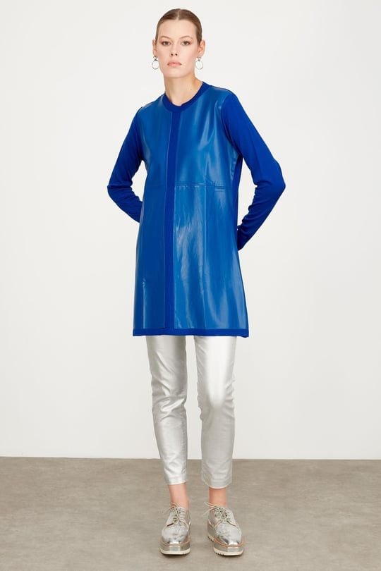 DERİ DETAYLI TRİKO TUNİK SAKS