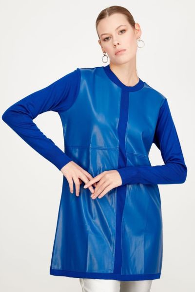 DERİ DETAYLI TRİKO TUNİK SAKS