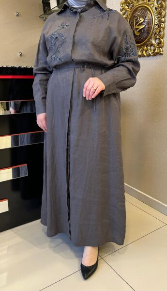 BONCUK İŞLEMELİ LİNEN KUMAŞ ELBİSE /FUAT GÜRŞEN