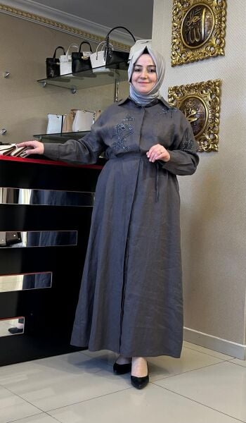 BONCUK İŞLEMELİ LİNEN KUMAŞ ELBİSE /FUAT GÜRŞEN