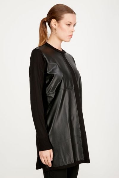 DERİ DETAYLI TRİKO TUNİK SİYAH