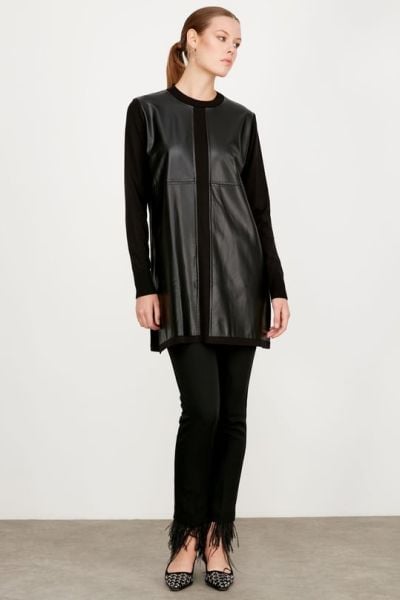 DERİ DETAYLI TRİKO TUNİK SİYAH