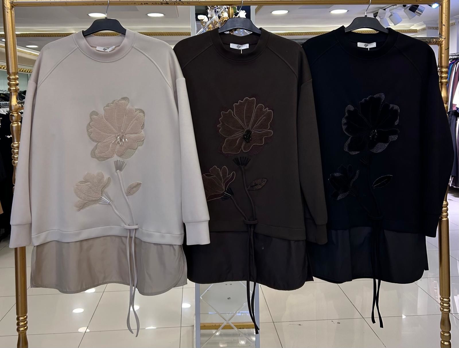 ÇİÇEK İŞLEMELİ ÇİFT KUMAŞLI TUNİK/TIĞTRİKO