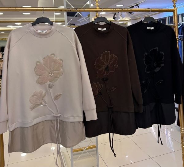 ÇİÇEK İŞLEMELİ ÇİFT KUMAŞLI TUNİK/TIĞTRİKO