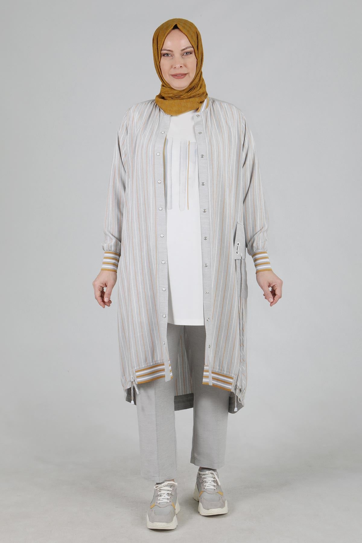 Büyük Beden Tesettür Dokuma Viskon Çizgili Üçlü Takım Gri