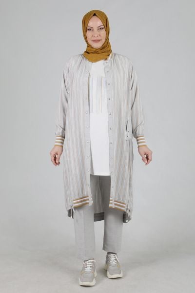 Büyük Beden Tesettür Dokuma Viskon Çizgili Üçlü Takım Gri