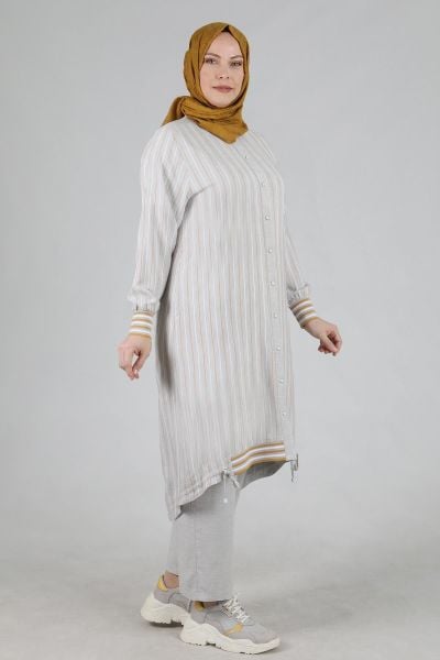 Büyük Beden Tesettür Dokuma Viskon Çizgili Üçlü Takım Gri