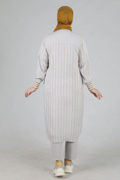 Büyük Beden Tesettür Dokuma Viskon Çizgili Üçlü Takım Gri