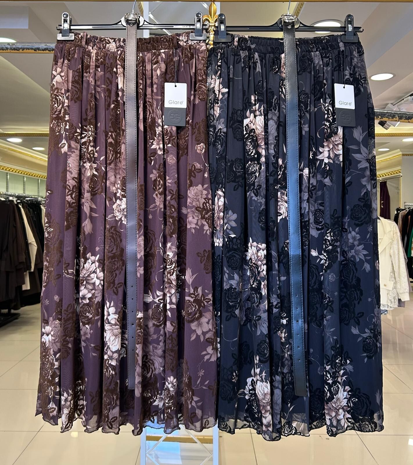 FLOK BASKILI KEMERLİ ŞİFON ETEK /GLARE