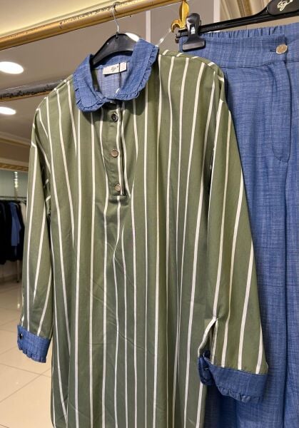 BEBE YAKA ÇİZGİLİ TUNİK TENSEL KOT PANTOLON TAKIM/ TIĞTRİKO