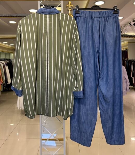 BEBE YAKA ÇİZGİLİ TUNİK TENSEL KOT PANTOLON TAKIM/ TIĞTRİKO