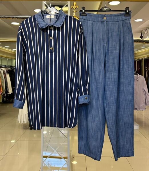 BEBE YAKA ÇİZGİLİ TUNİK TENSEL KOT PANTOLON TAKIM/ TIĞTRİKO