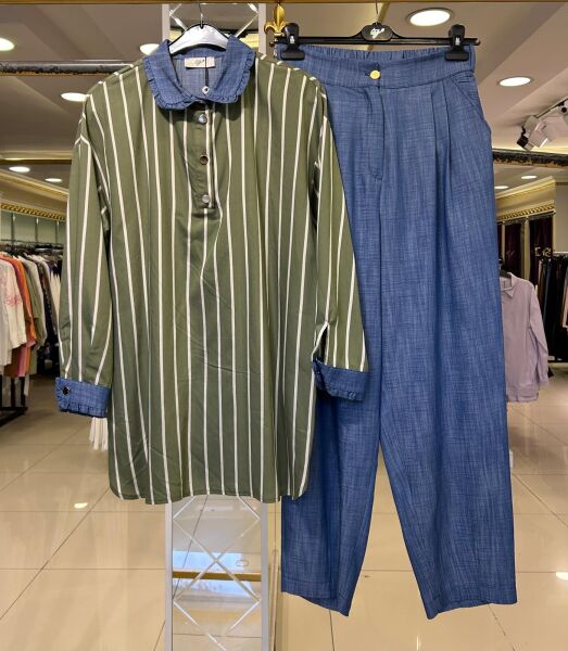 BEBE YAKA ÇİZGİLİ TUNİK TENSEL KOT PANTOLON TAKIM/ TIĞTRİKO