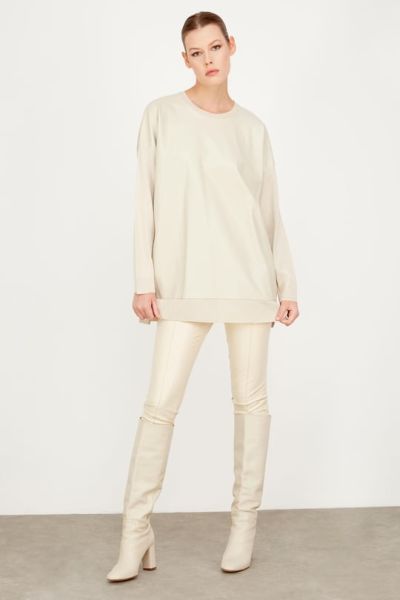 ÖNÜ DERİ DETAYLI TRİKO TUNİK BEJ