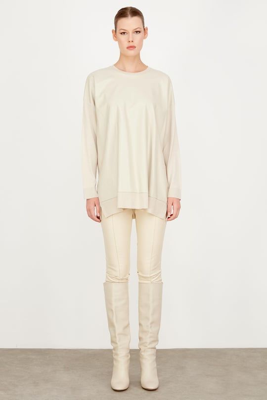 ÖNÜ DERİ DETAYLI TRİKO TUNİK BEJ