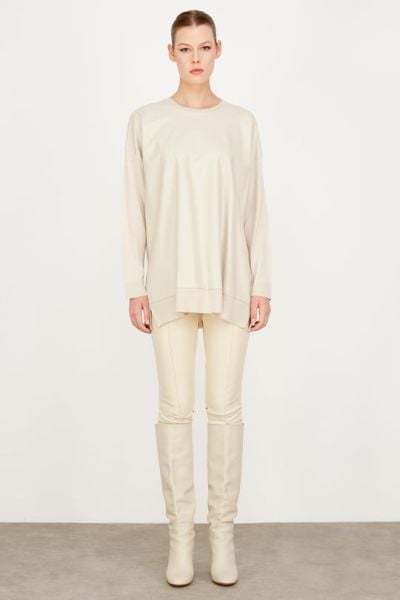 ÖNÜ DERİ DETAYLI TRİKO TUNİK BEJ