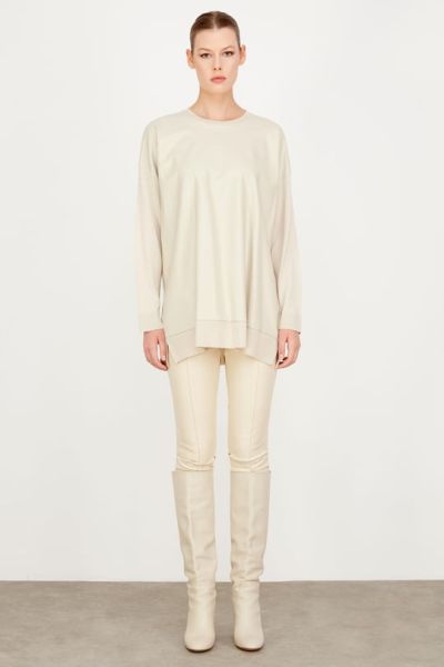 ÖNÜ DERİ DETAYLI TRİKO TUNİK BEJ