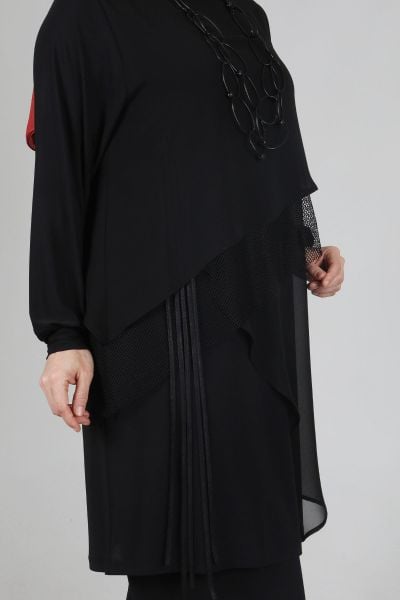 Büyük Beden Tesettür Kolye Aksesuarlı Sandy Pantolonlu Takım Siyah