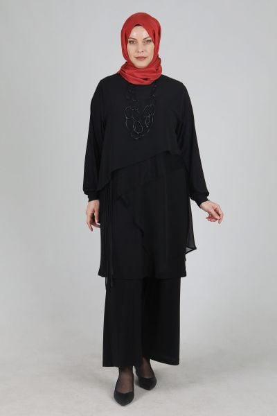 Büyük Beden Tesettür Kolye Aksesuarlı Sandy Pantolonlu Takım Siyah