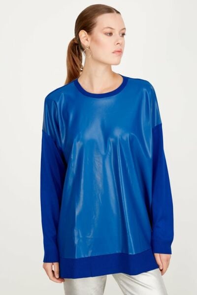 ÖNÜ DERİ DETAYLI TRİKO TUNİK SAKS