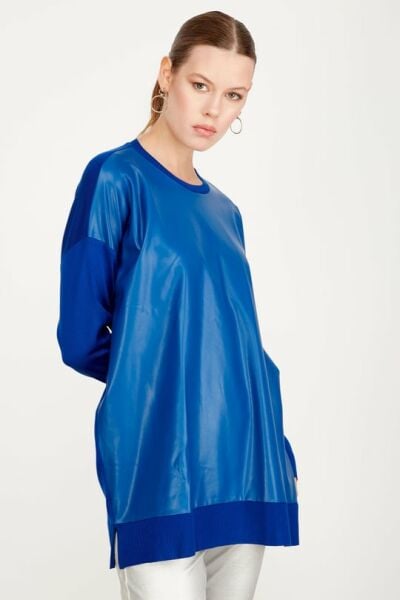 ÖNÜ DERİ DETAYLI TRİKO TUNİK SAKS