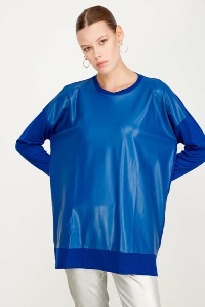 ÖNÜ DERİ DETAYLI TRİKO TUNİK SAKS