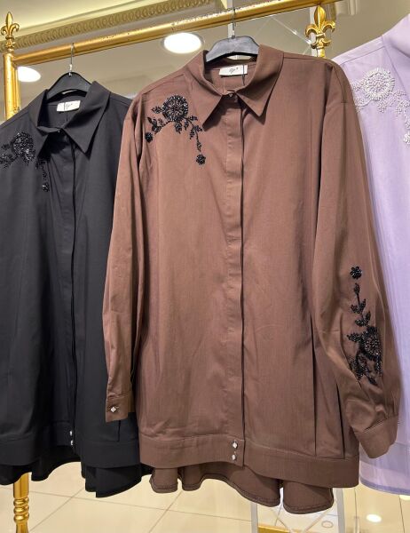 KOLU VE GÖĞSÜ BONCUK İŞLEMELİ COTON GÖMLEK /TIĞTRİKO