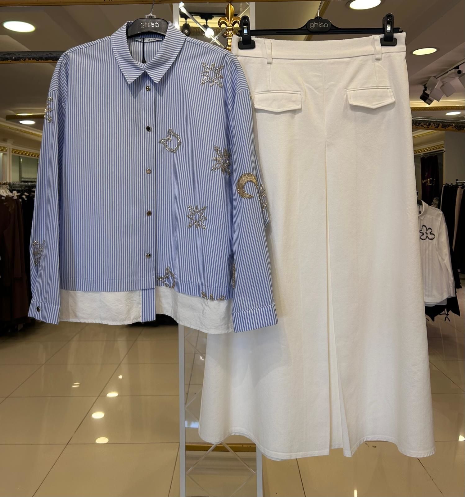 BONCUK İŞLEMELİ GÖMLEK VE ETEK TAKIM/GHISA