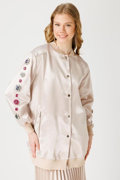 Ghisa/ Taş Süslemeli Bomber Ceket BEJ