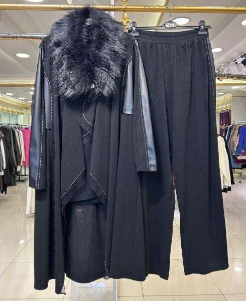 YAKASI KÜRKLÜ DERİ VE DİKİŞ DTY. 3'LÜ TRİKO TAKIM /GHISA