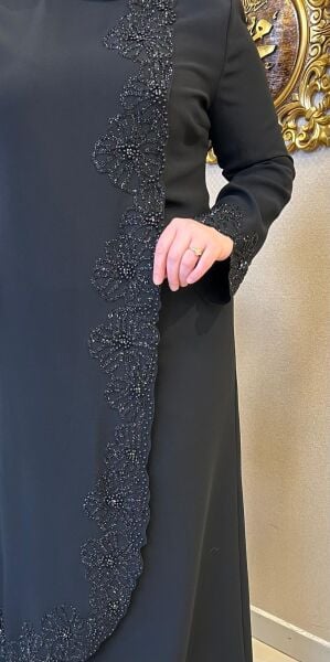 ÇİÇEK DESENLİ TAŞ İŞLEMELİ ABİYE ELBİSE /TASVİR
