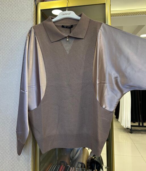 YARASA KOL DTY. SATEN KOMBİNLİ MERSERİZE BLUZ /GHISA