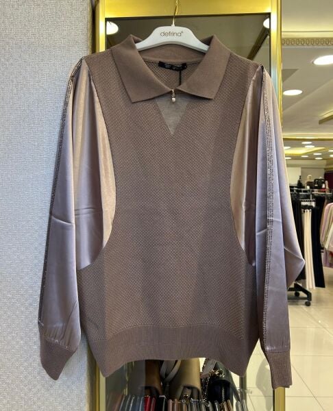 YARASA KOL DTY. SATEN KOMBİNLİ MERSERİZE BLUZ /GHISA