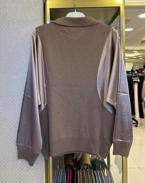 YARASA KOL DTY. SATEN KOMBİNLİ MERSERİZE BLUZ /GHISA